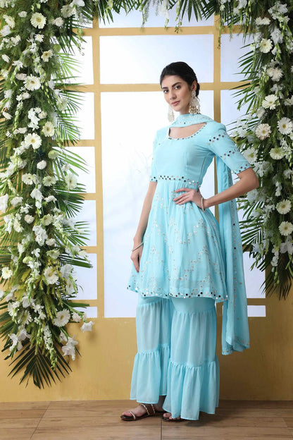 Sky Blue Georgette Salwar Suit With Thread Sequins Work With Mirror Pasting