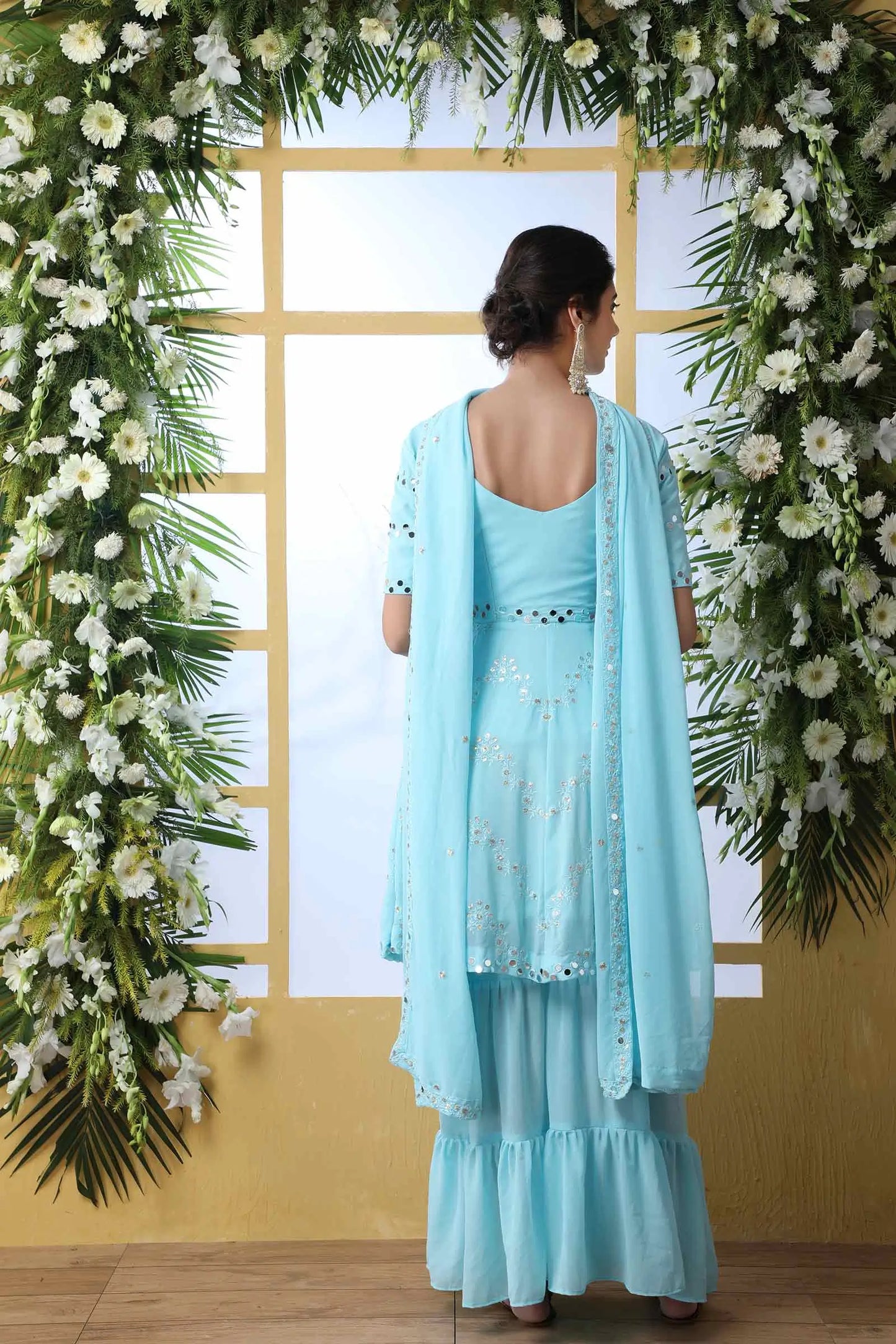 Sky Blue Georgette Salwar Suit With Thread Sequins Work With Mirror Pasting