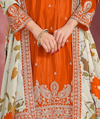 Orange Chinon Embroidery Salwar suit With Organza Dupatta