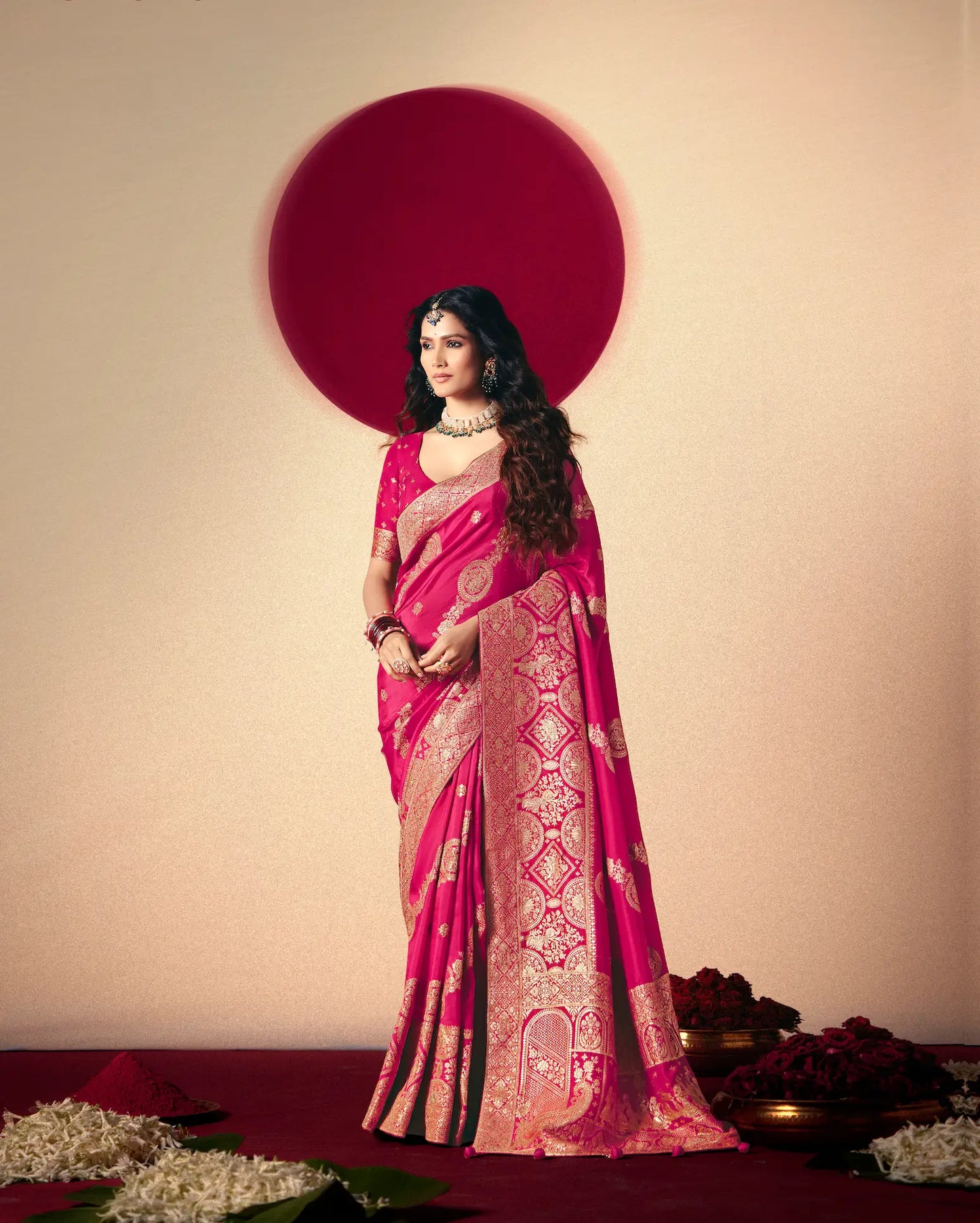 Pinkish Red Viscose Zari Weaving Saree