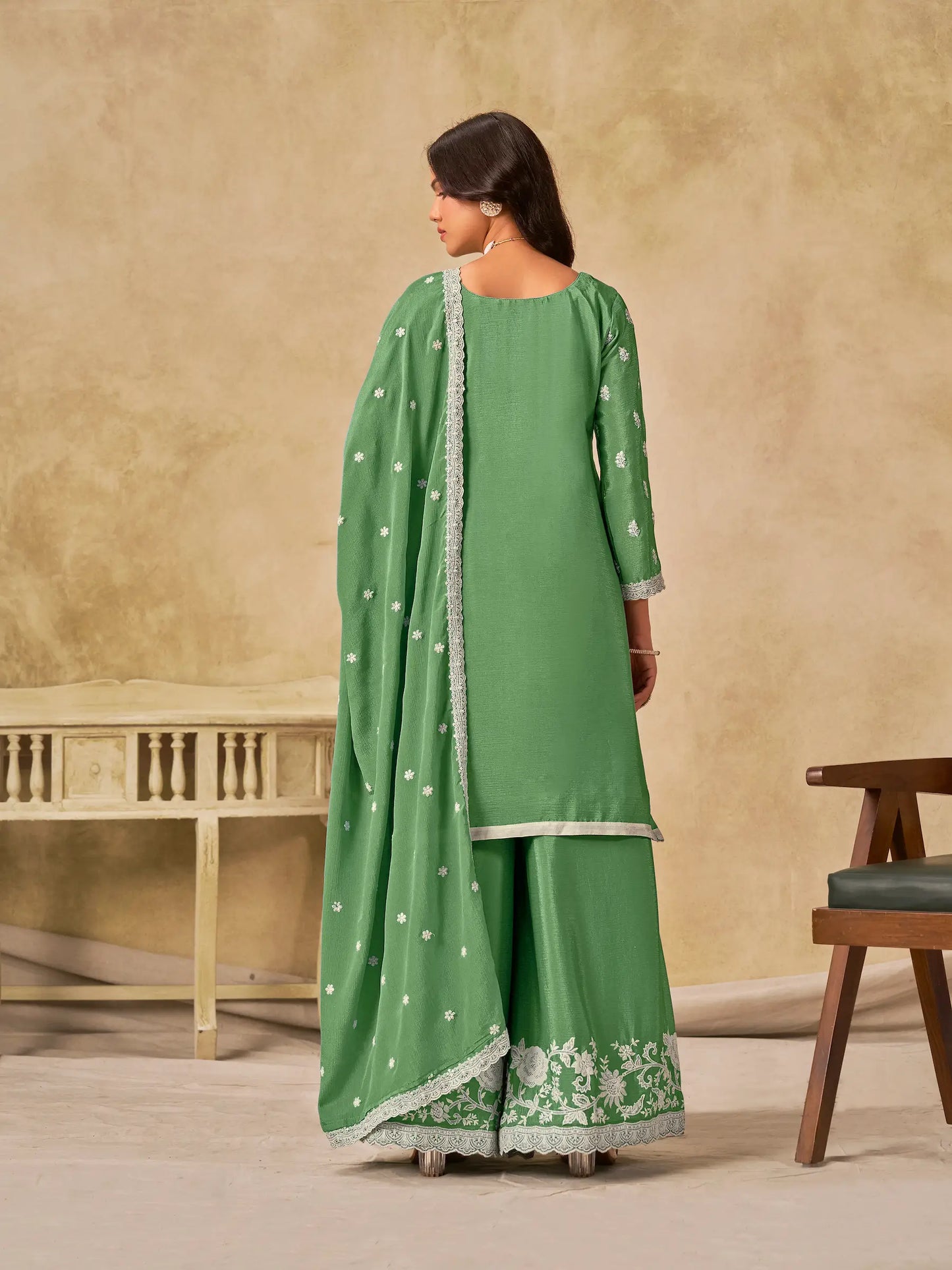 Pista Green Chinon Embroidery Work Palazzo Suit