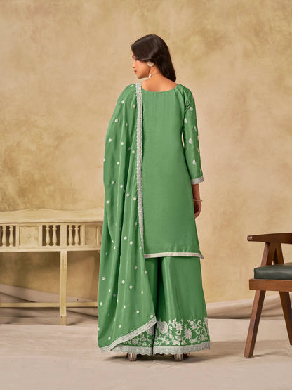 Pista Green Chinon Embroidery Work Palazzo Suit