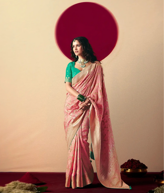 Sweet Pink Viscose Zari Weaving Saree