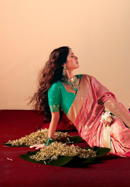 Sweet Pink Viscose Zari Weaving Saree