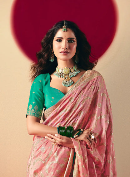Sweet Pink Viscose Zari Weaving Saree