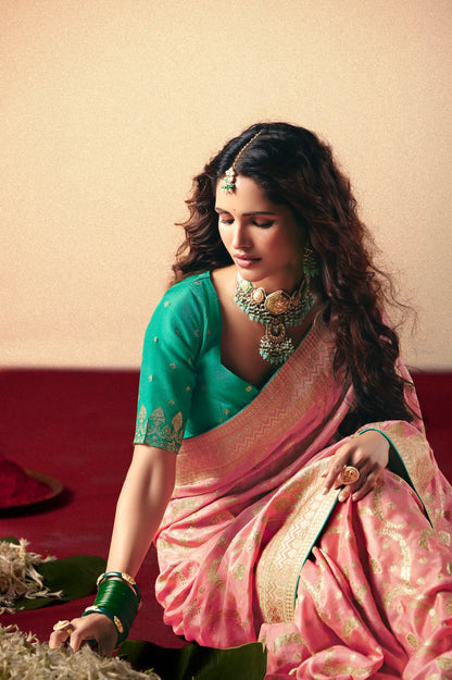 Sweet Pink Viscose Zari Weaving Saree