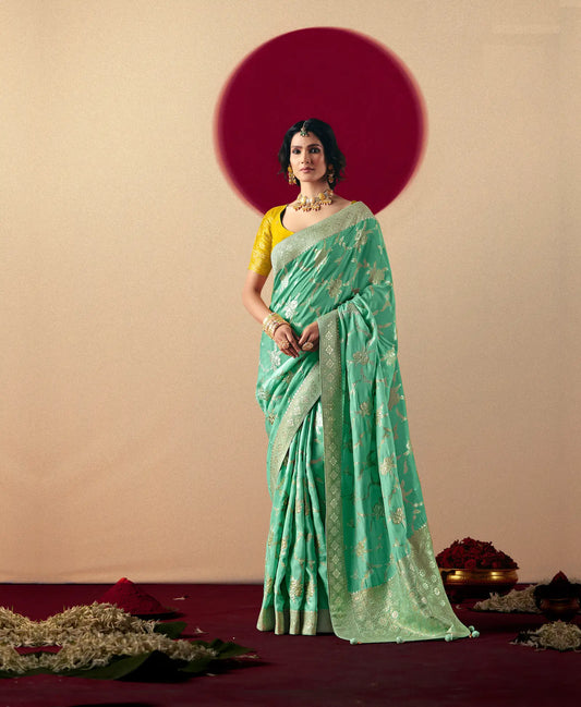 Turquoise Blue Viscose Zari Weaving Saree