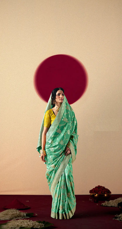 Turquoise Blue Viscose Zari Weaving Saree