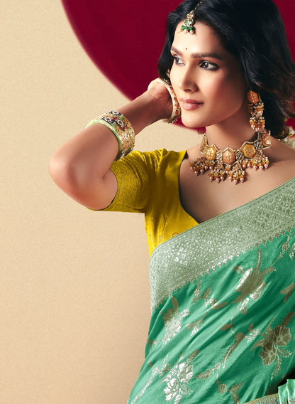 Turquoise Blue Viscose Zari Weaving Saree