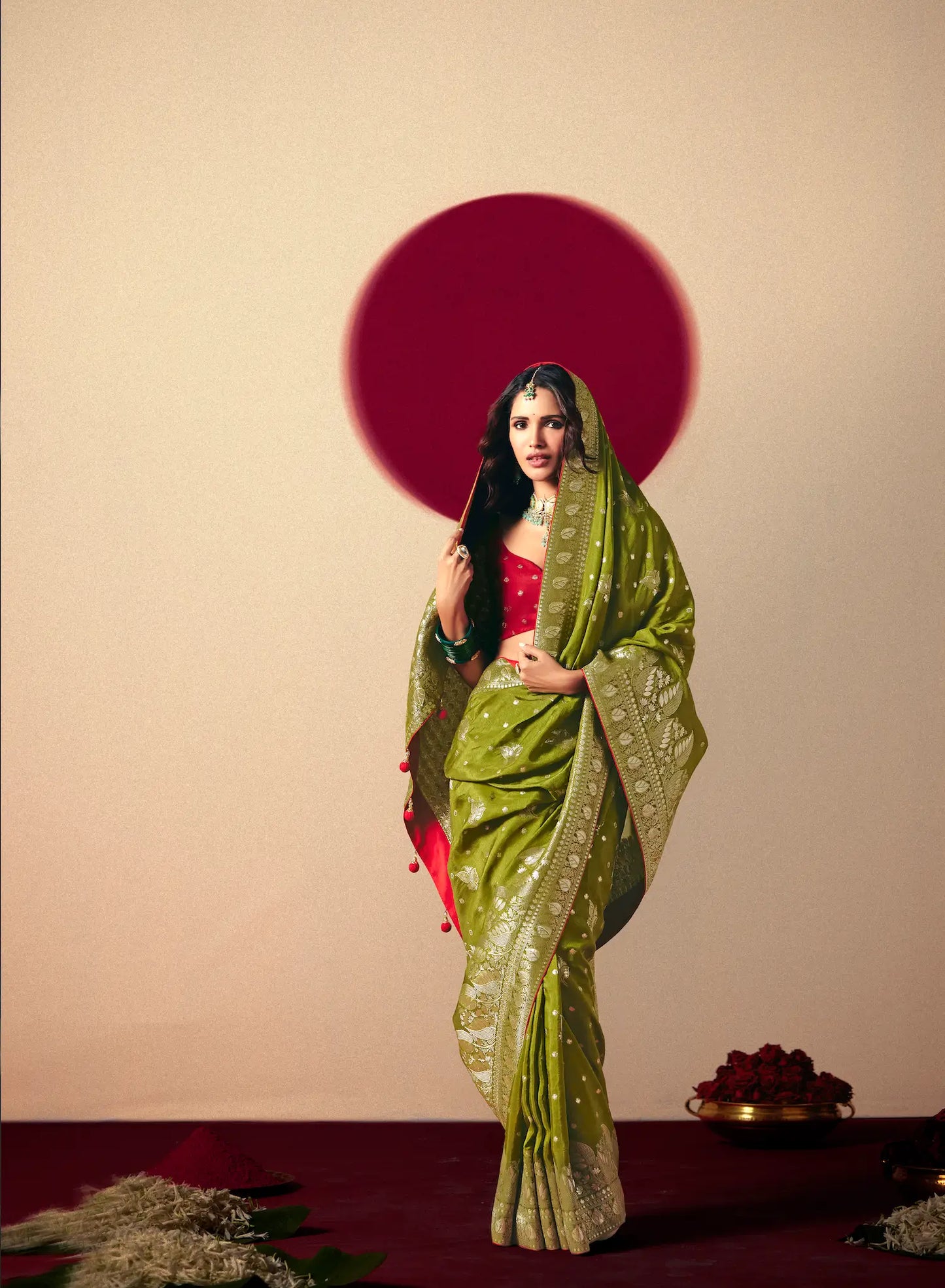 Olive Green Viscose Zari Weaving Saree
