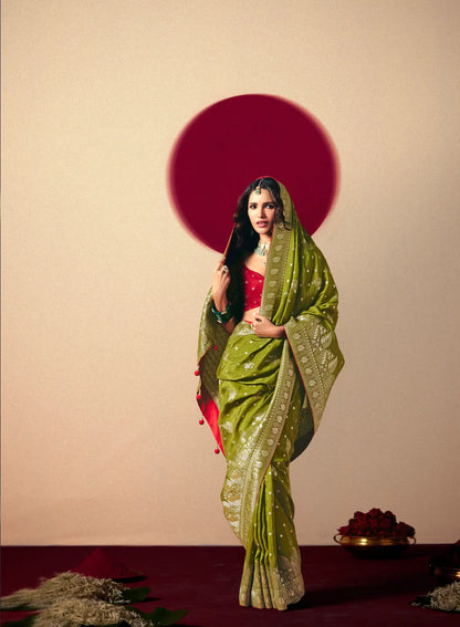 Olive Green Viscose Zari Weaving Saree