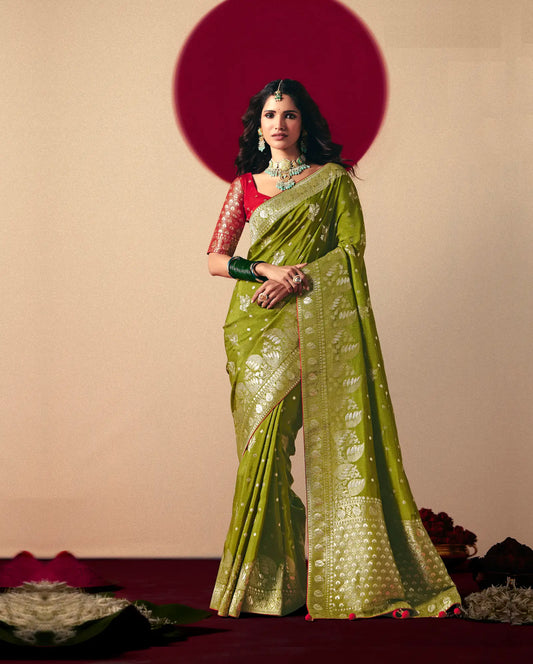 Olive Green Viscose Zari Weaving Saree