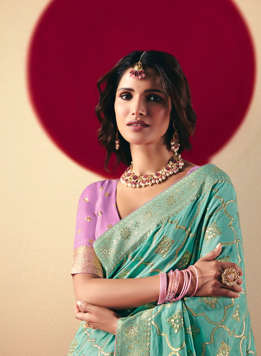 Aqua Blue Viscose Zari Weaving Saree