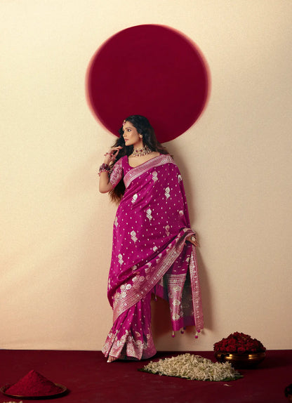 Rani Pink Viscose Zari Weaving Saree