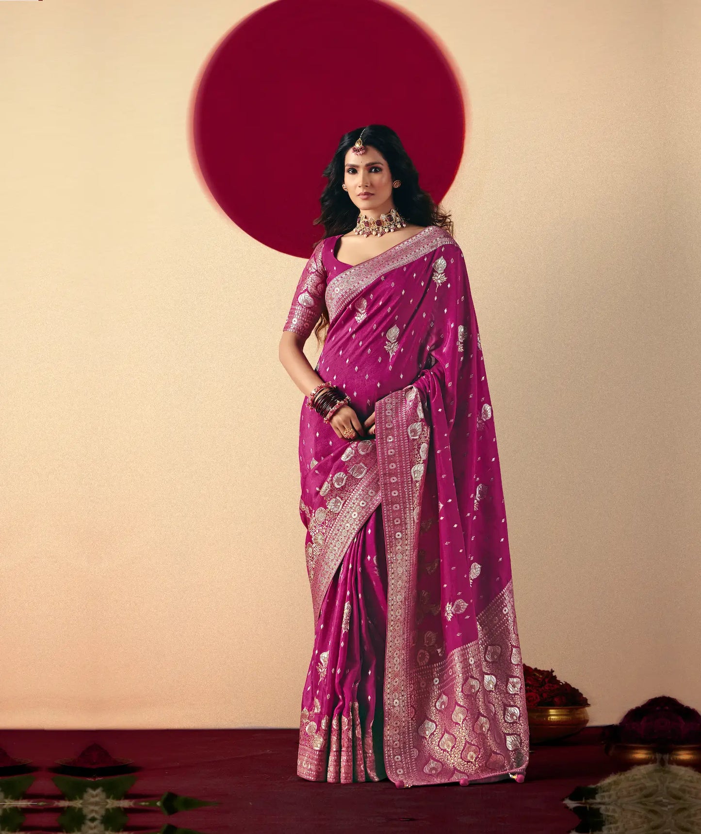 Rani Pink Viscose Zari Weaving Saree