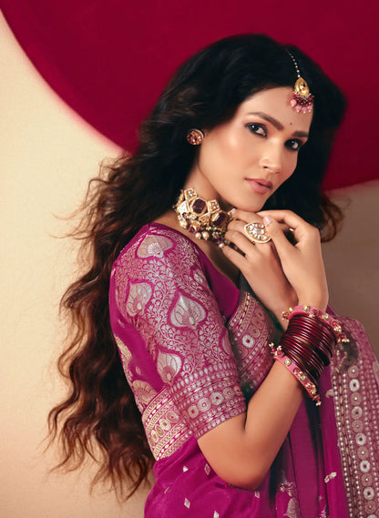 Rani Pink Viscose Zari Weaving Saree