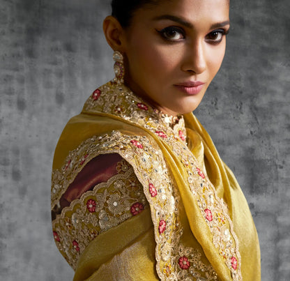 Sand Yellow Zari Tissue  Hand Work & Embroidery Saree