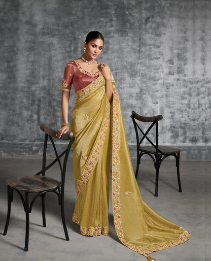 Sand Yellow Zari Tissue  Hand Work & Embroidery Saree