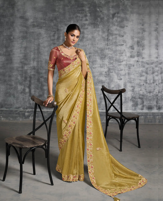 Sand Yellow Zari Tissue  Hand Work & Embroidery Saree