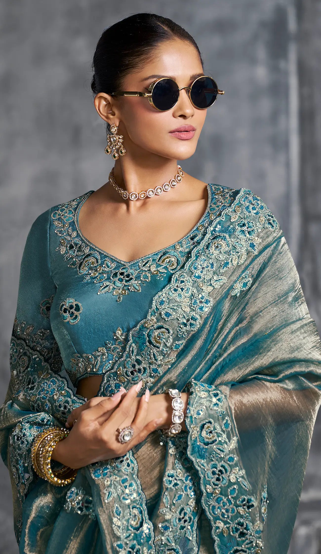 Greyish Teal Zari Tissue  Hand Work & Embroidery Saree