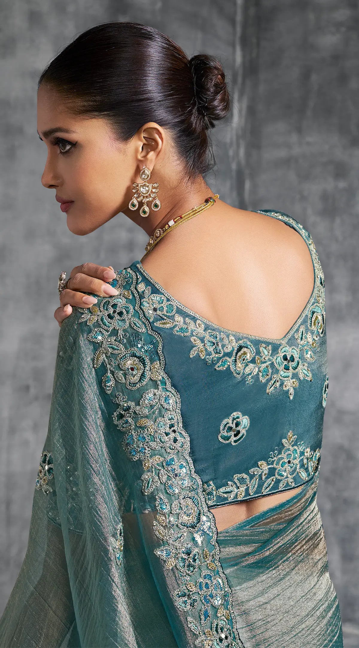 Greyish Teal Zari Tissue  Hand Work & Embroidery Saree