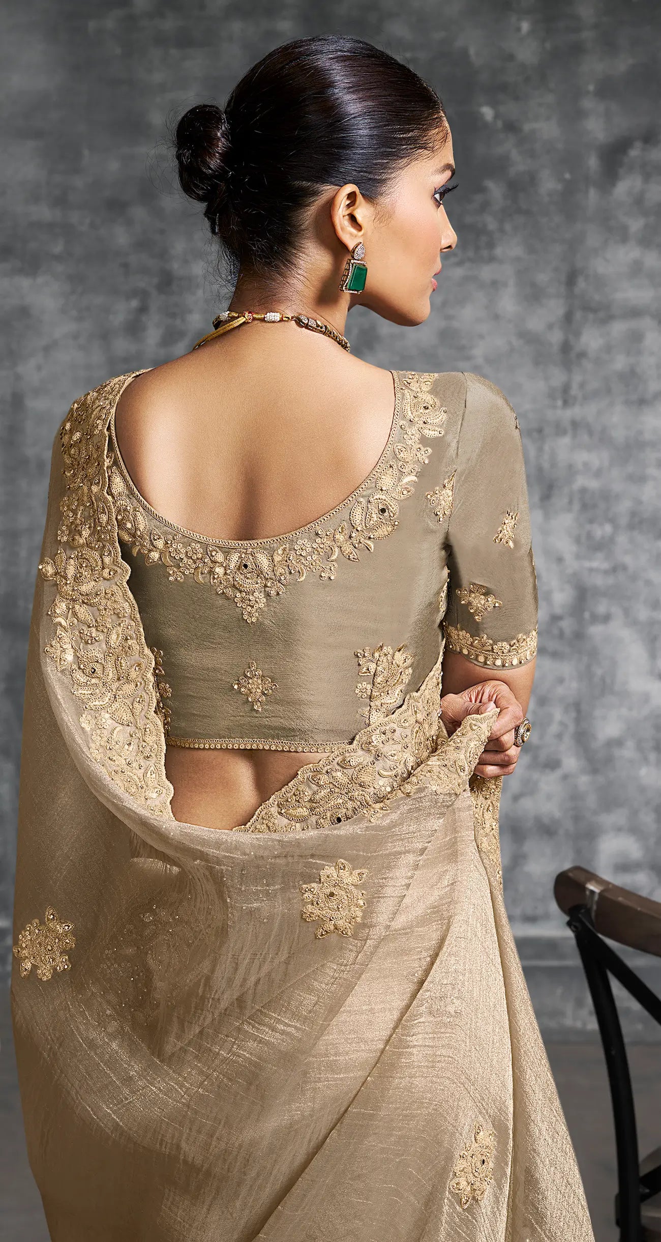 Almond Beige Zari Tissue  Hand Work & Embroidery Saree