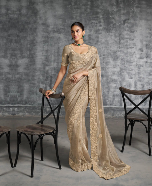 Almond Beige Zari Tissue  Hand Work & Embroidery Saree