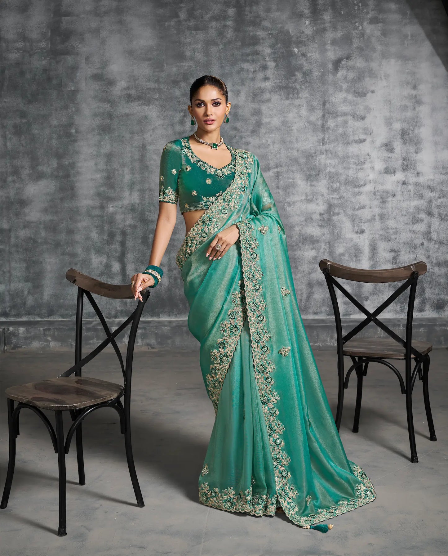 Beetle Green Zari Tissue  Hand Work & Embroidery Saree
