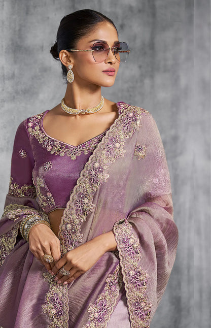 Lilac Purple Zari Tissue  Hand Work & Embroidery Saree
