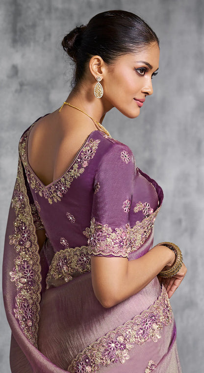 Lilac Purple Zari Tissue  Hand Work & Embroidery Saree