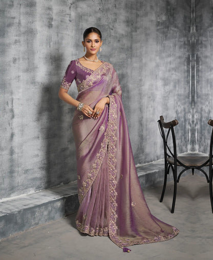 Lilac Purple Zari Tissue  Hand Work & Embroidery Saree