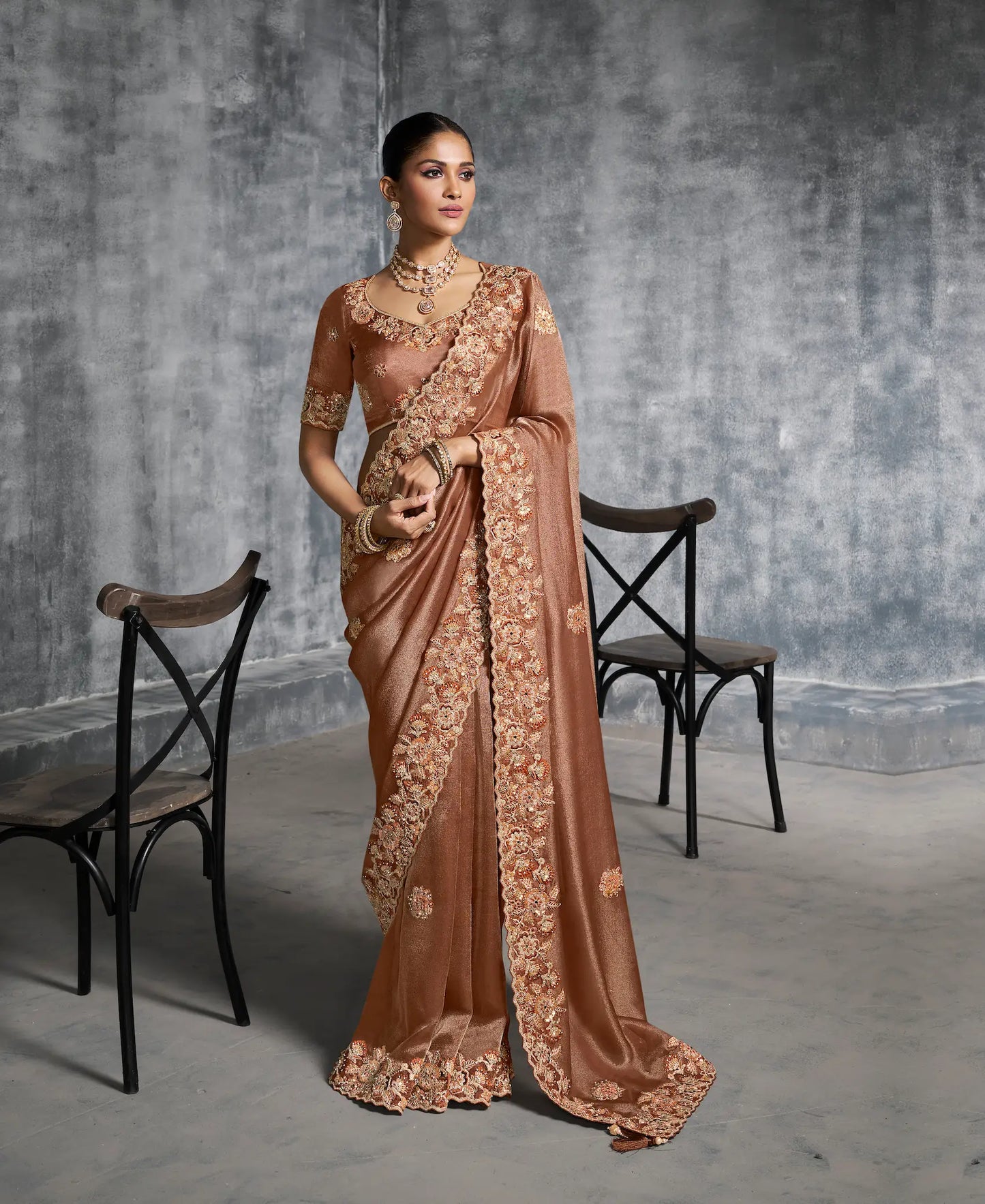 Rust Brown Zari Tissue  Hand Work & Embroidery Saree