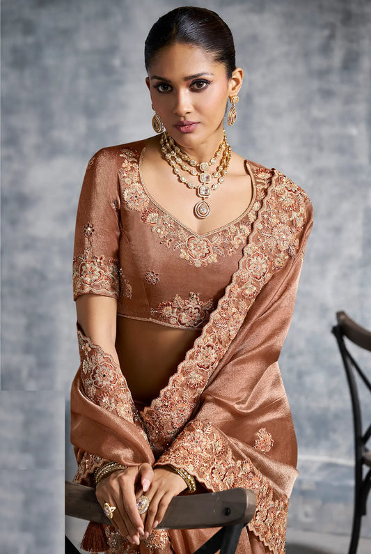 Rust Brown Zari Tissue  Hand Work & Embroidery Saree