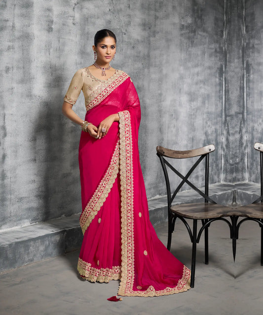 Hot Pink Satin Silk  Hand Work & Embroidery Saree