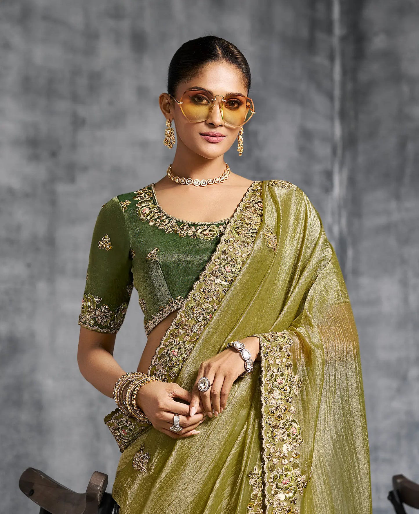 Olive Green Zari Tissue  Hand Work & Embroidery Saree