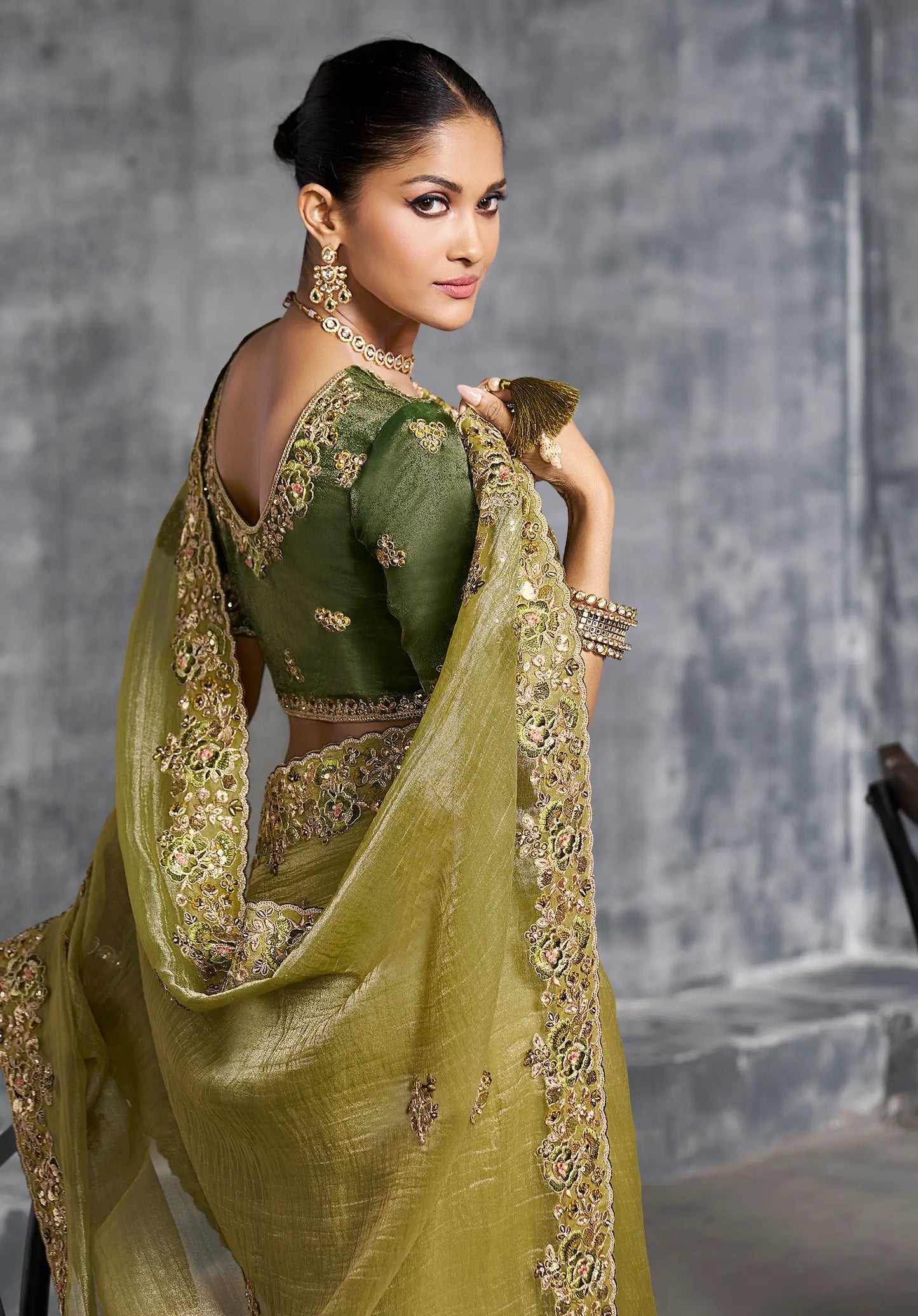 Olive Green Zari Tissue  Hand Work & Embroidery Saree