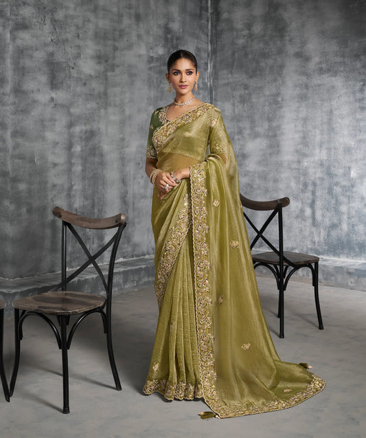 Olive Green Zari Tissue  Hand Work & Embroidery Saree