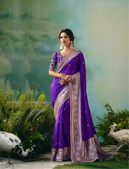 Dark Purple Dola Silk Saree With Embroidery Work Blouse