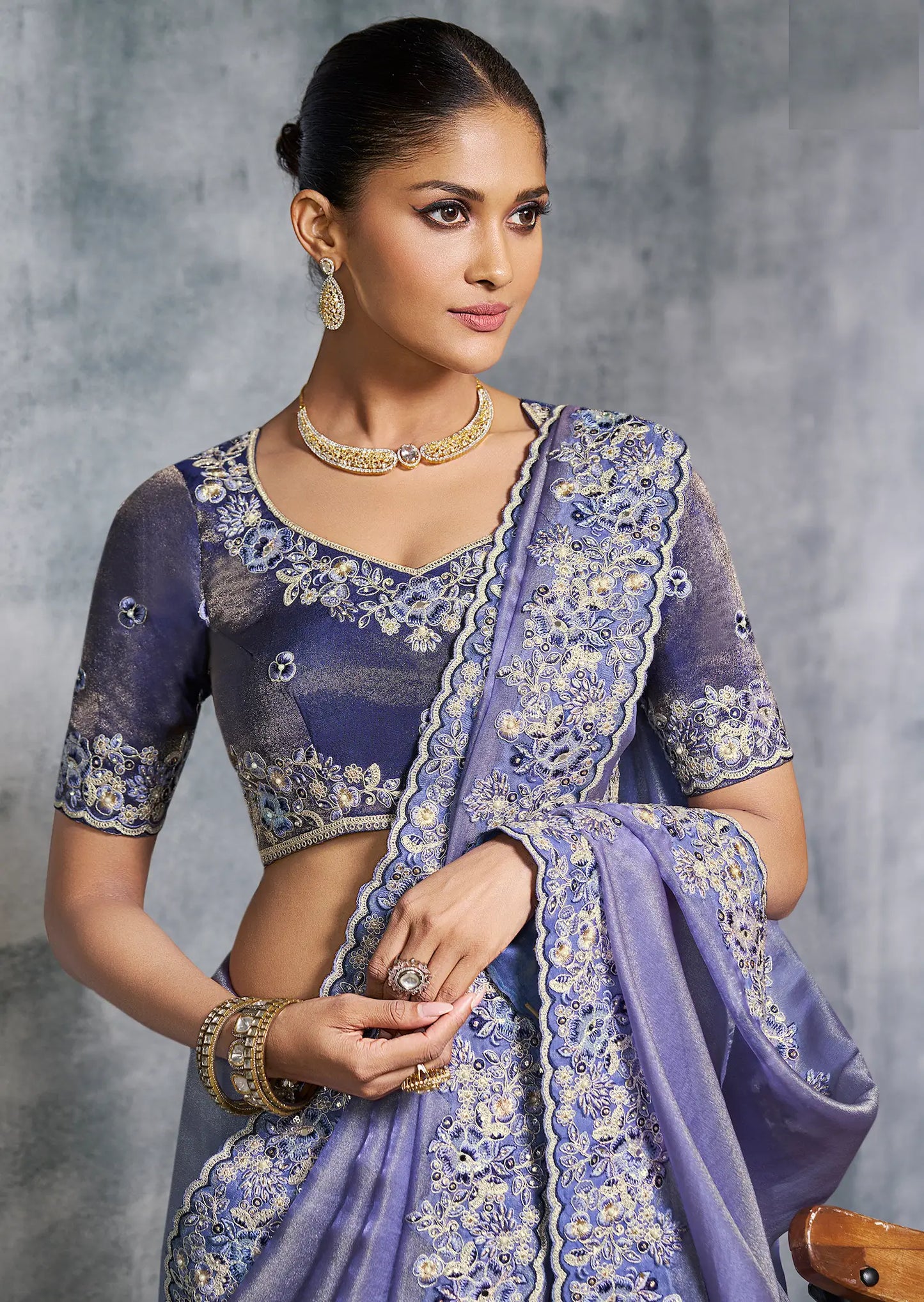 Lavender Zari Tissue  Hand Work & Embroidery Saree