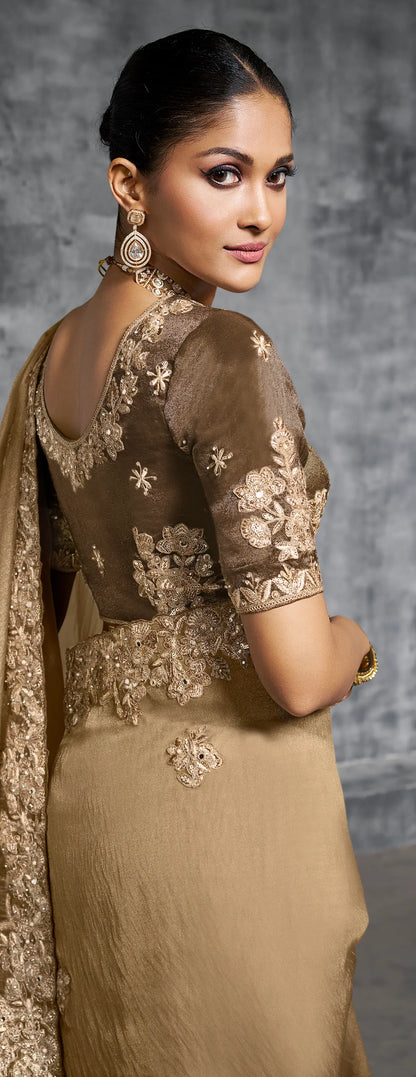 Dark Beige  Zari Tissue  Hand Work & Embroidery Saree