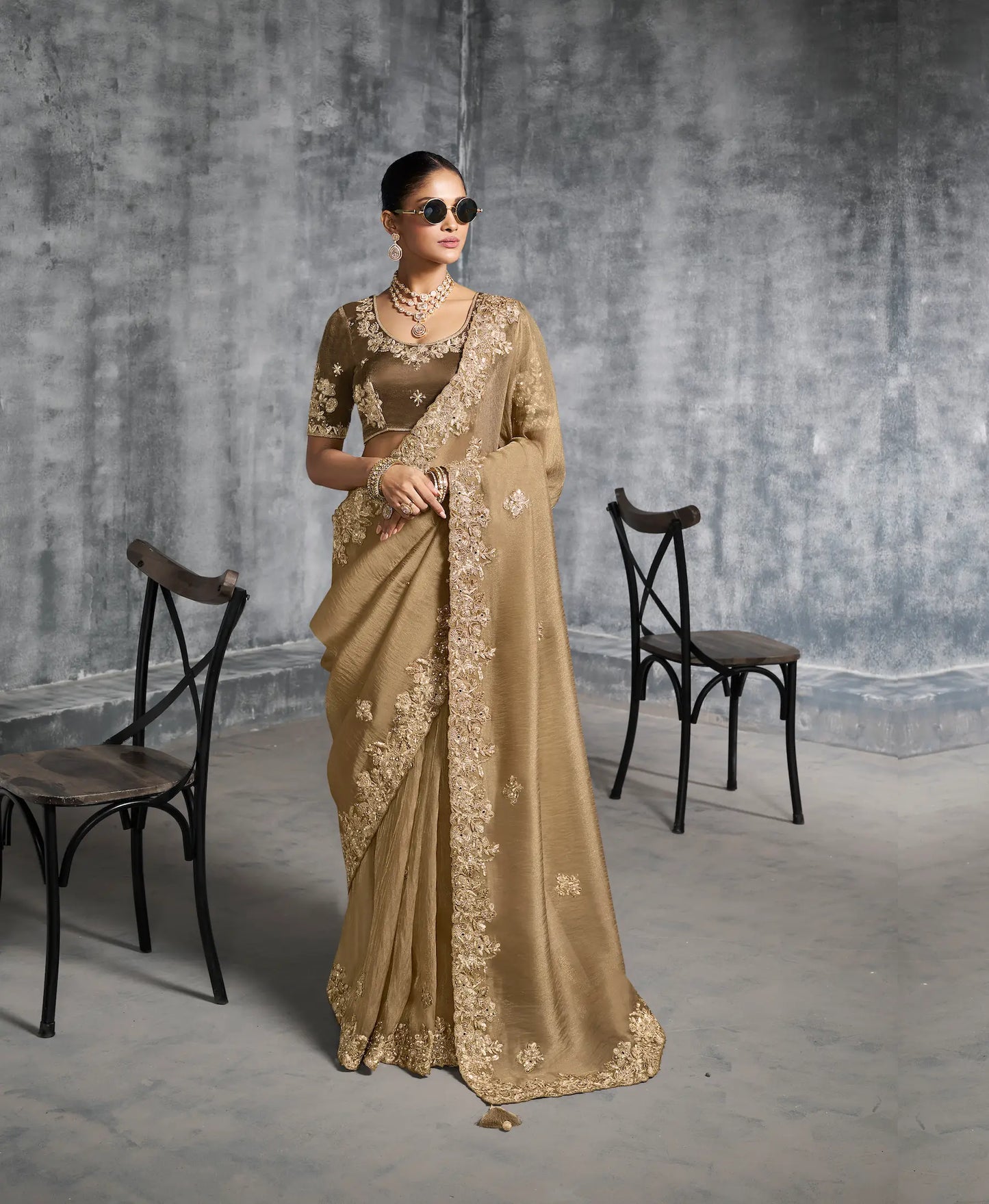 Dark Beige  Zari Tissue  Hand Work & Embroidery Saree