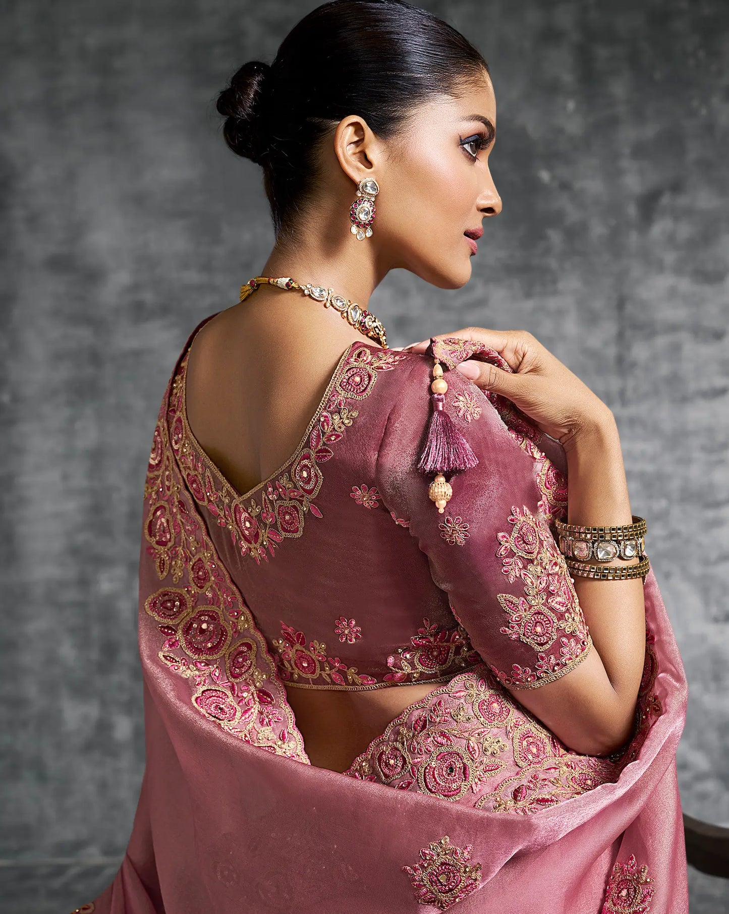 Rosy Pink Zari Tissue  Hand Work & Embroidery Saree