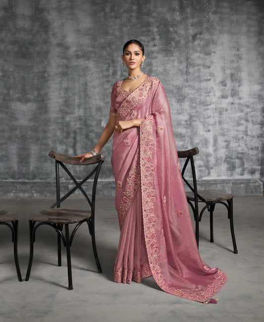 Rosy Pink Zari Tissue  Hand Work & Embroidery Saree