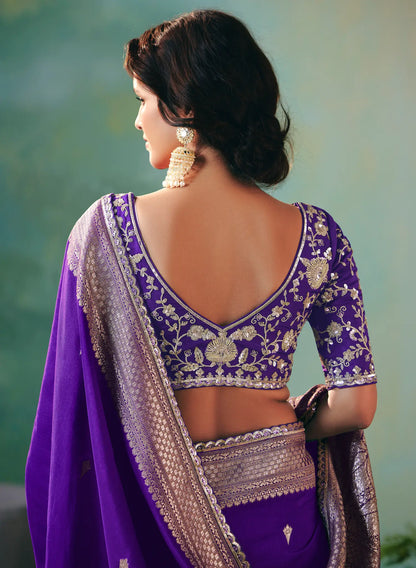 Dark Purple Dola Silk Saree With Embroidery Work Blouse