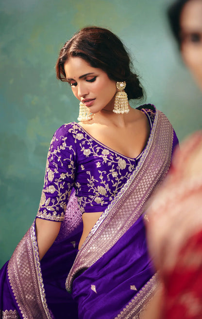 Dark Purple Dola Silk Saree With Embroidery Work Blouse