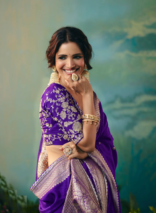 Dark Purple Dola Silk Saree With Embroidery Work Blouse