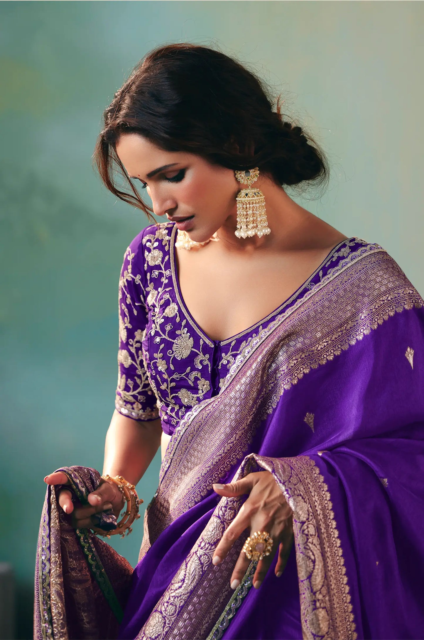 Dark Purple Dola Silk Saree With Embroidery Work Blouse