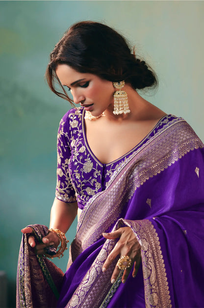 Dark Purple Dola Silk Saree With Embroidery Work Blouse