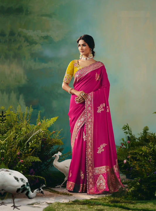 Hot Pink Dola Silk Saree With Embroidery Work Blouse