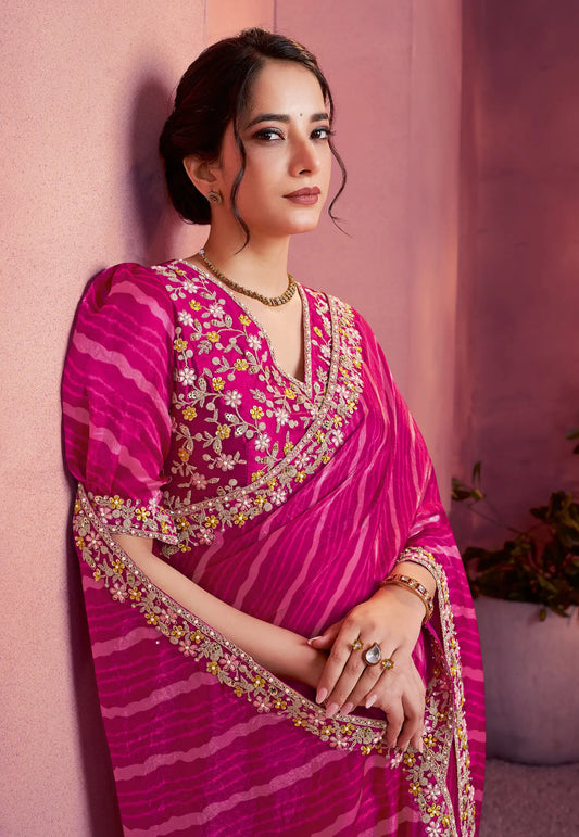 Hot Pink Satin Silk Saree With Hand Work & Embroidery